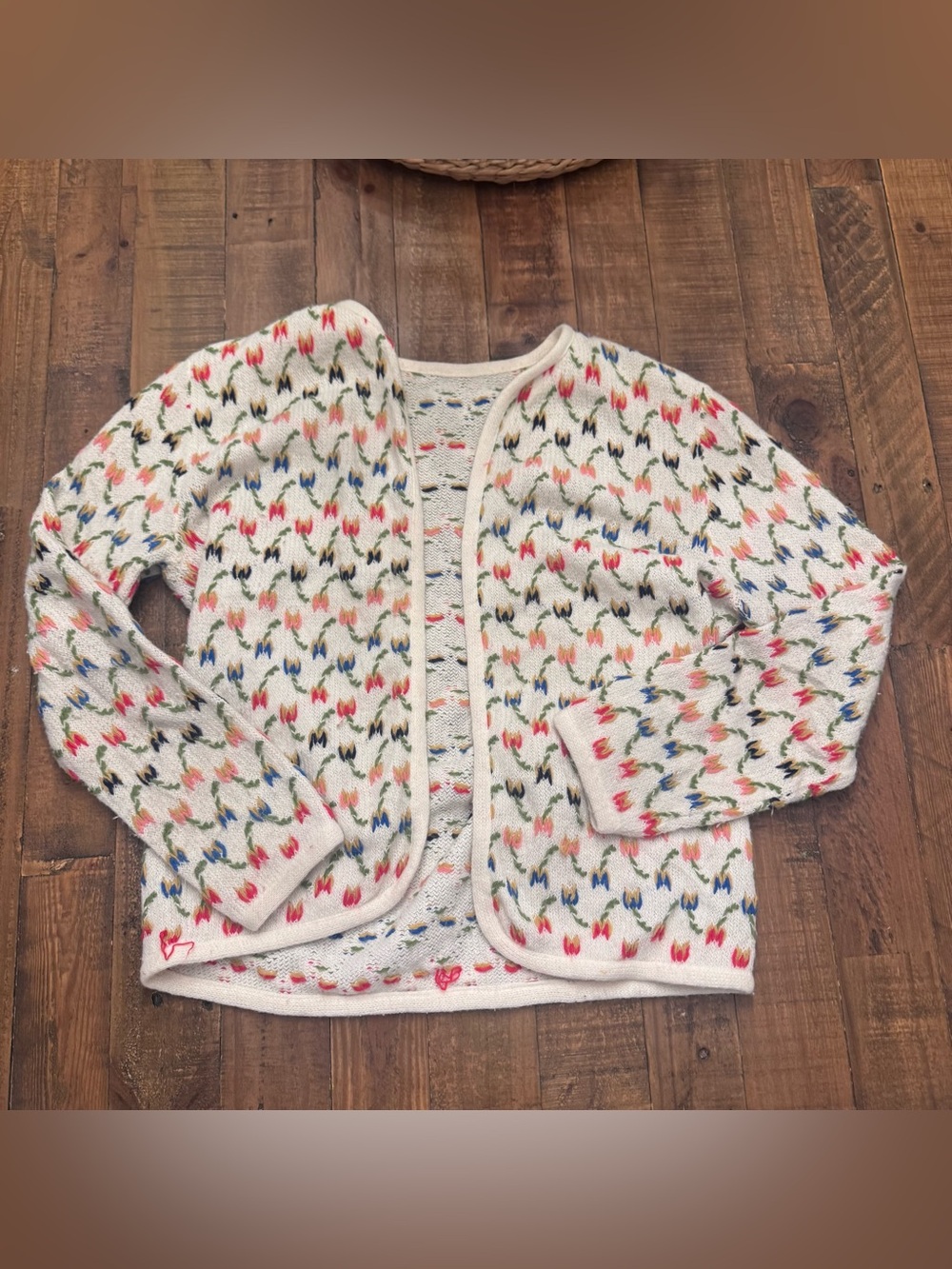 VINTAGE HANDMADE Wool Floral-Pattern Open Cardigan Sweater